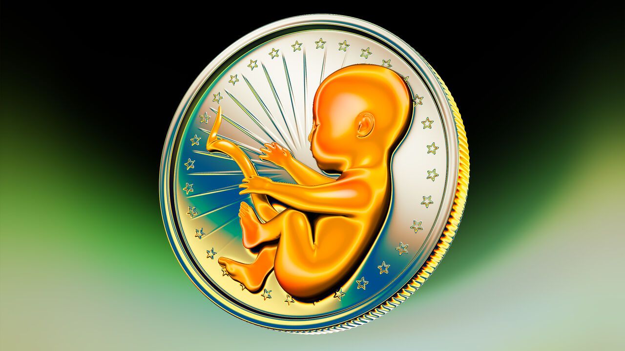 illustration of a gold coin engraved with the image of a curled-up fetus, surrounded by stars