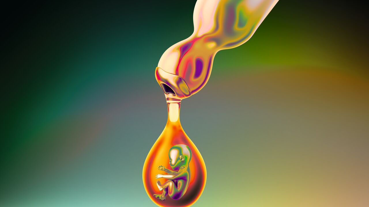 Illustration of a dropper holding a fetus inside a droplet, suggesting the extraction or transfer of a developing embryo.