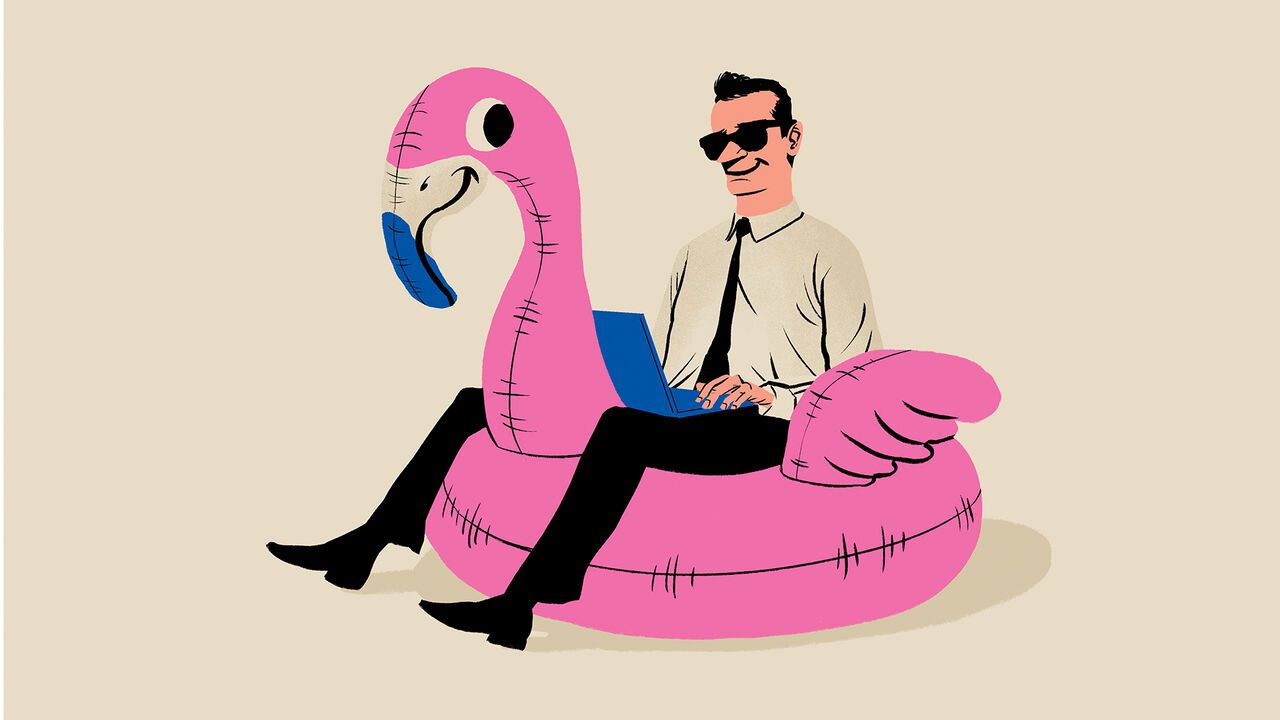 Illustration of a man in sunglasses sitting on a pink flamingo-shaped inflatable ring while working on a laptop