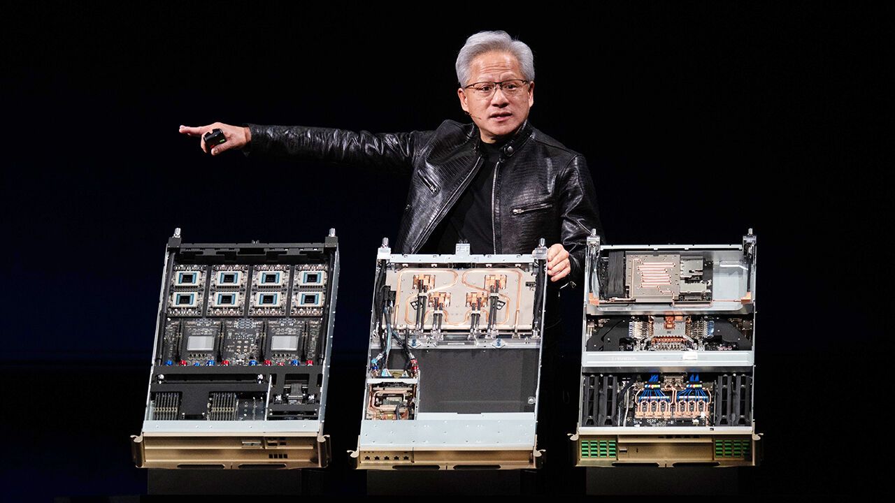 Jensen Huang, chief executive officer of Nvidia Corp., presents the Vera Rubin data center AI system at the Nvidia GTC at Computex 2026 in Taipei, Taiwan, on Monday, June 1, 2026