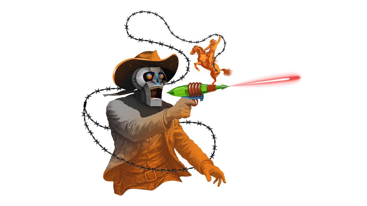 Illustration of a cowboy with a robotic face firing a toy gun, surrounded by barbed wire and a horse-and-rider silhouette