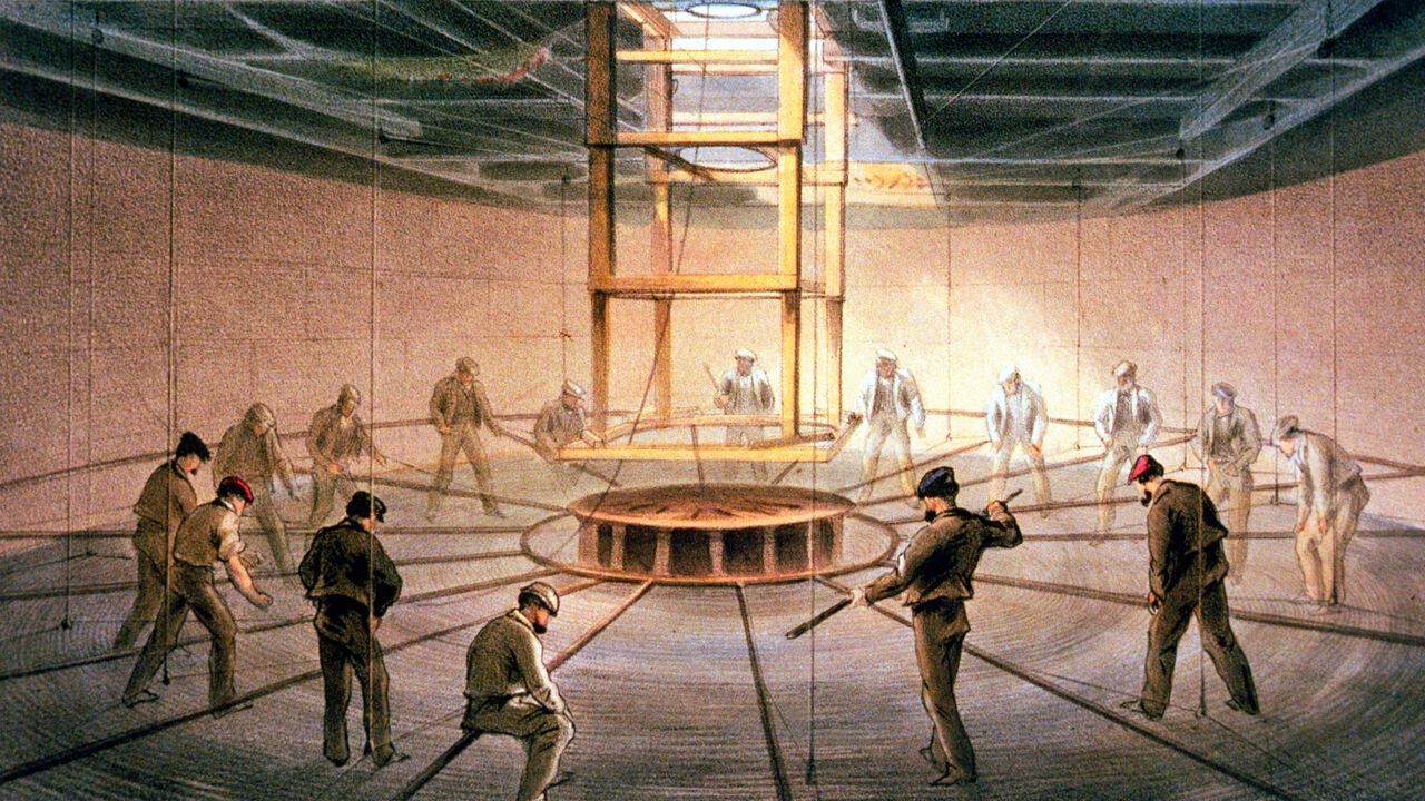Drawing showing the laying of the transatlantic telegraph cable.