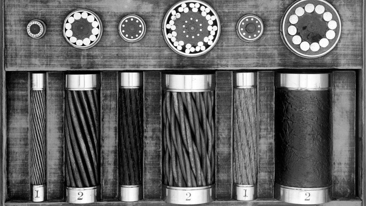 A case showing three pieces of transatlantic cables belonging to the telegraph wires of 1858, 1865 and 1866.