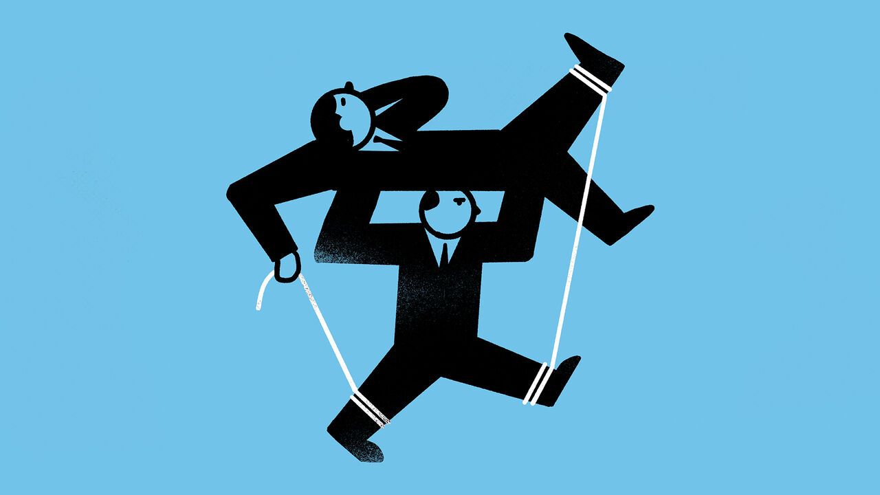 Illustration of one person carrying another person, with their legs tied together