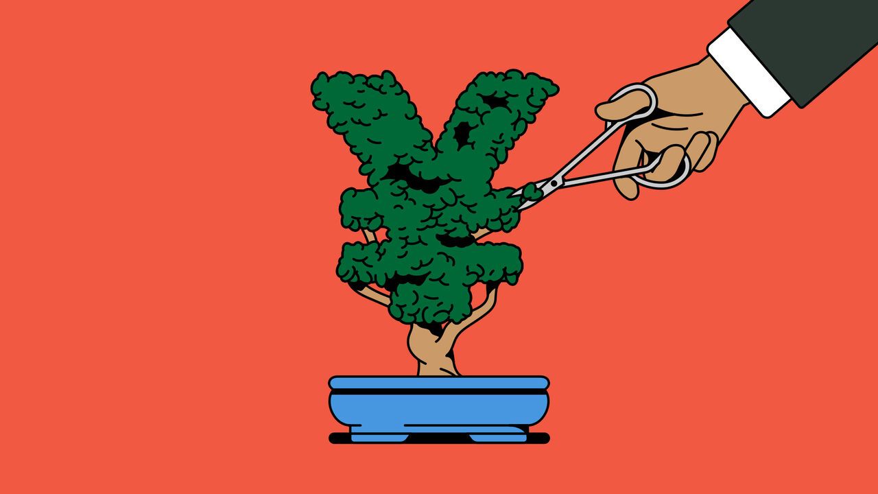 Hands holding a pair of scissors and pruning a bonsai tree in the shape of a Yen