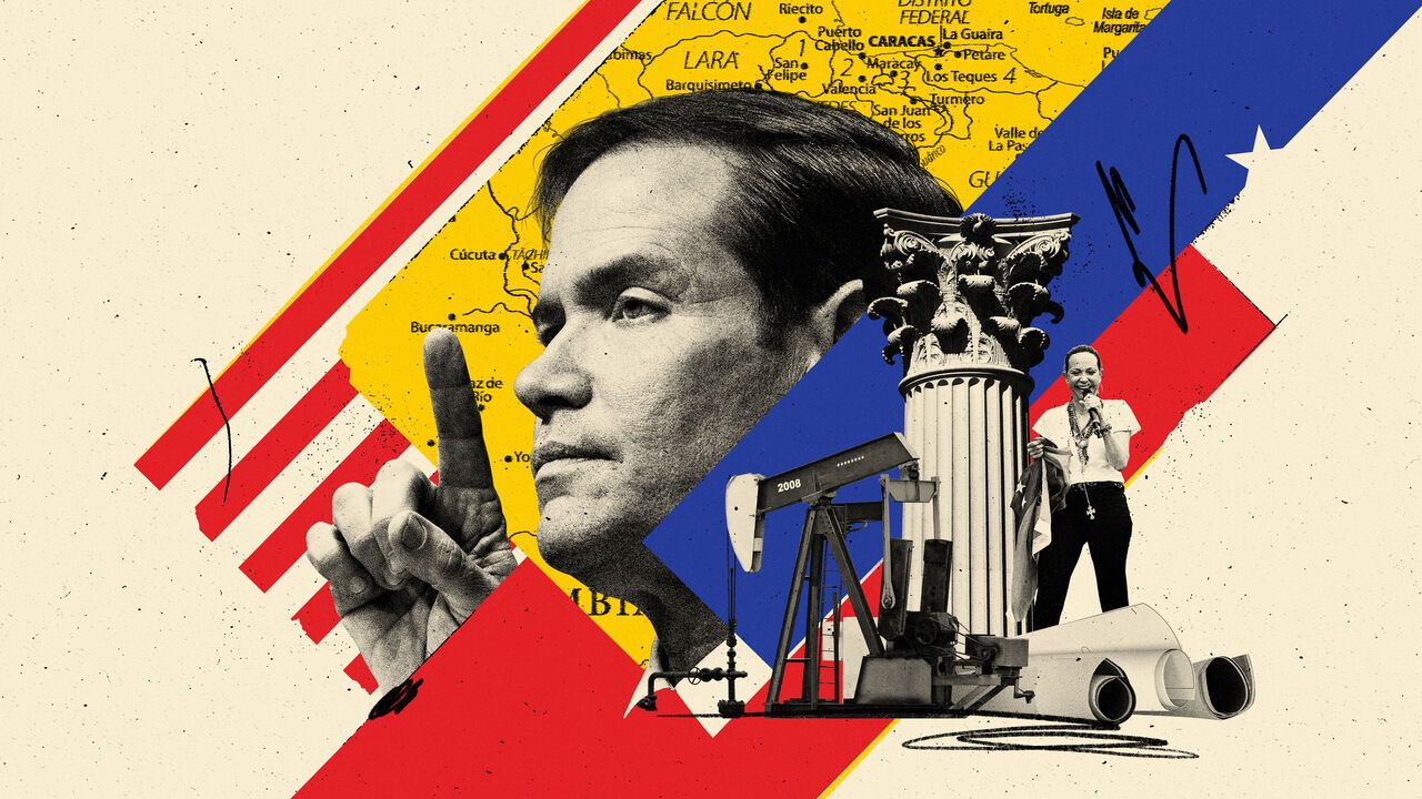 Collage illustration with Marco rubio at the centre, including images of an oil rig, a pillar and Maria Corina Machado
