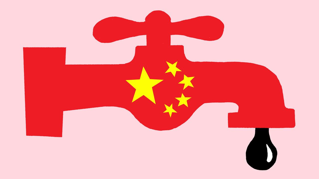 Illustration of a red faucet decorated with the Chinese flag’s yellow stars, dripping a drop of oil