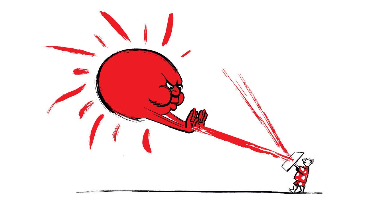 The illustration shows a small person struggling to hold back a huge, angry force, symbolising an individual or small group trying to resist an overwhelming power or threat. The exaggerated size difference emphasises how difficult the struggle is.