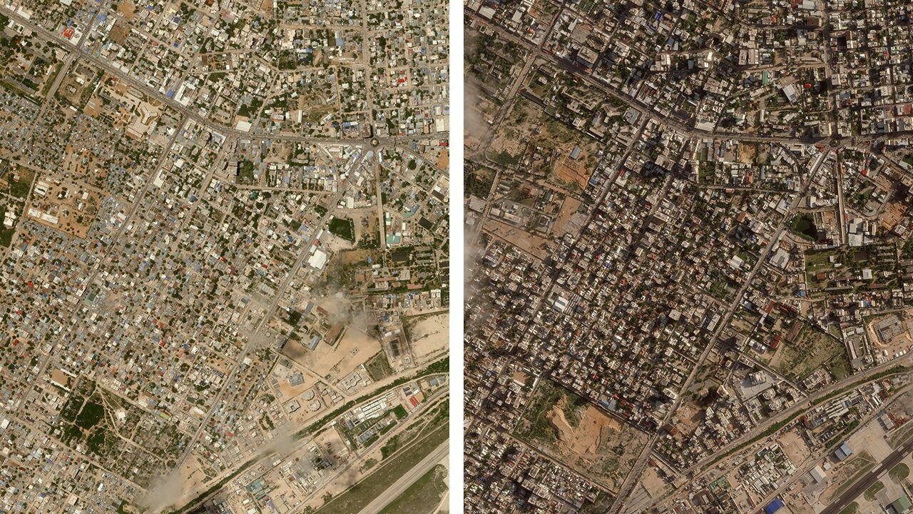 An aerial diptych of Mogadishu construction boom.