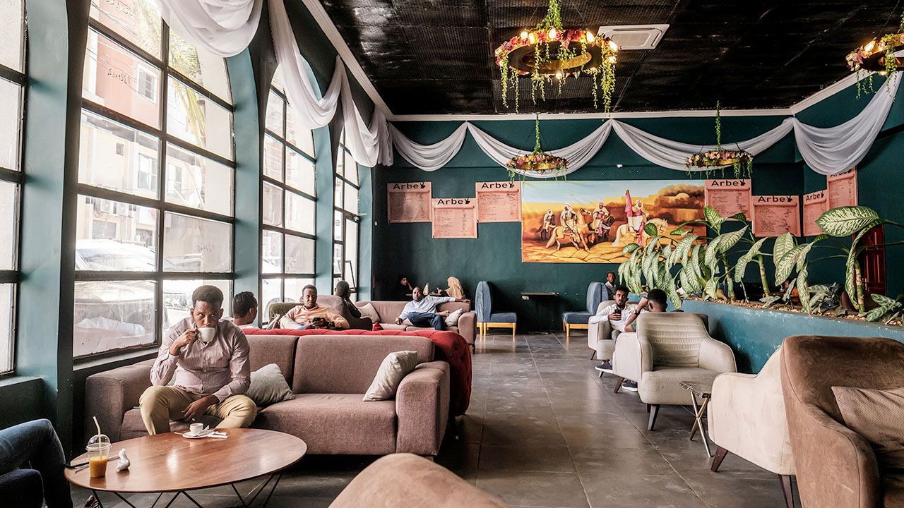 People socialise in the Arbe coffee shop in Mogadishu