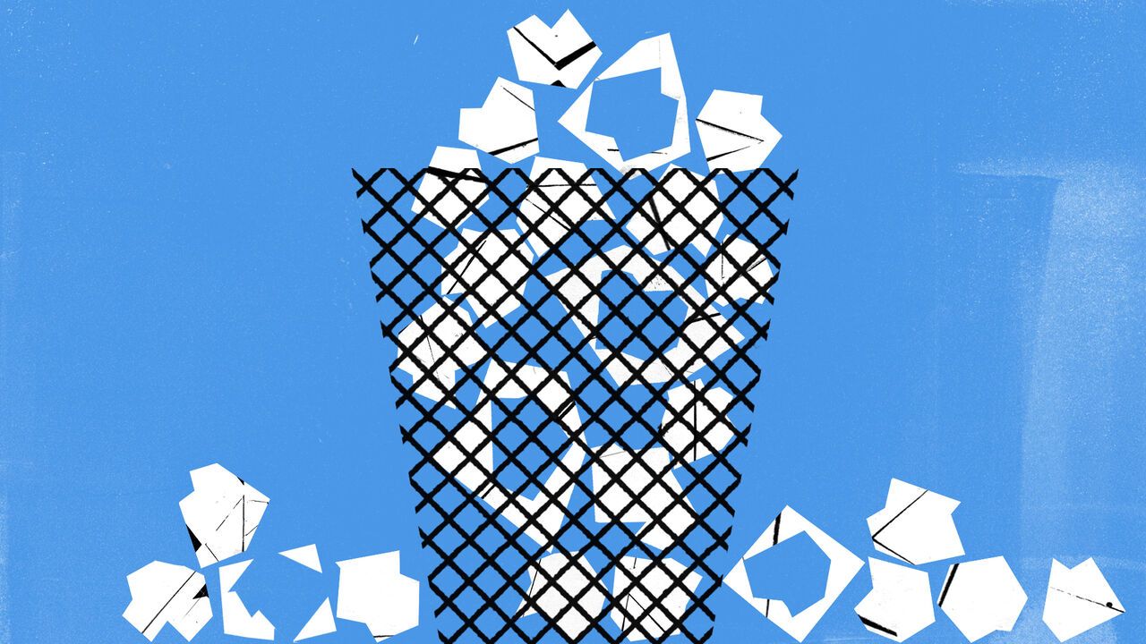 The illustration shows scientific research and discoveries being trapped behind a restrictive barrier. The scattered papers represent new ideas and findings, while the black mesh suggests obstacles, bureaucracy or constraints preventing scientific progress
