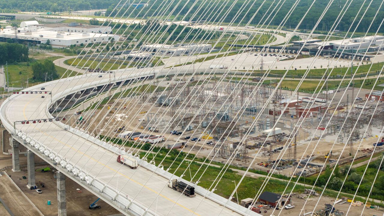 A drone view shows vehicles crossing the $4.7 billion Gordie Howe International Bridge, connecting Windsor, Ontario and Detroit, Michigan, the day after it opened in Windsor, Ontario, Canada.