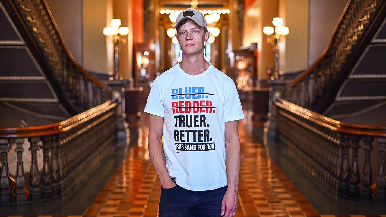 Rob Sand, the Iowa state auditor and a Democratic candidate for governor, at the State Capitol in Iowa.