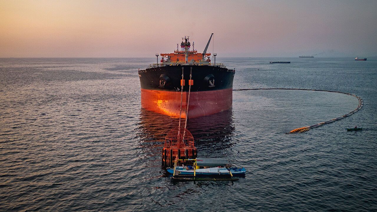 The Panamanian-flagged Tiger Wings, carrying crude oil from Russia is moored in the ocean