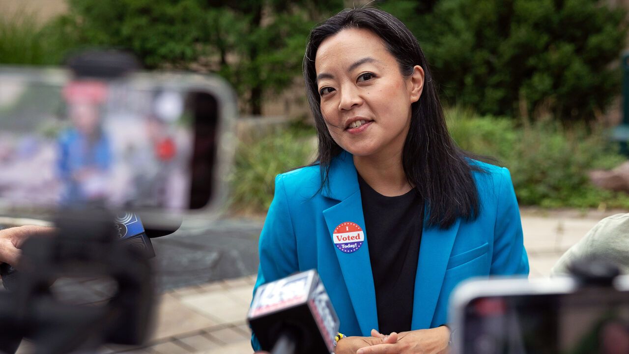 Democratic Wisconsin Gubernatorial candidate Francesca Hong speaks to reporters after voting in the primary election.