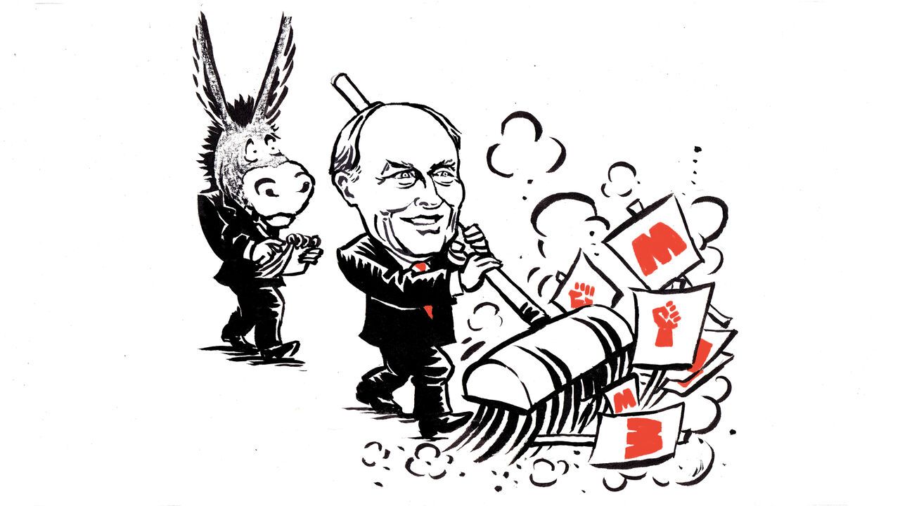 A caricature of Neil Kinnock sweeping up a pile of placards as a suited donkey looks on, making notes in his pad