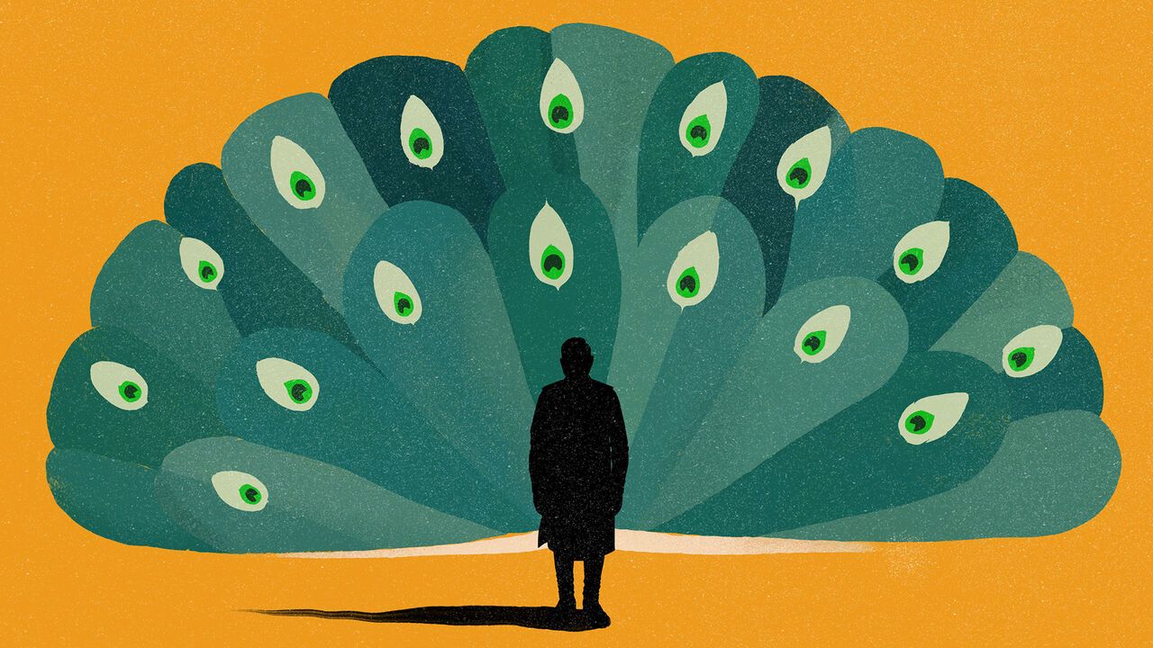 Illustration of a silhouette of Narendra Modi with peacock feathers behind him