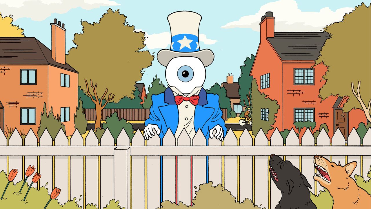 Illustration of an eye dressed as uncle sam peering over a white picket fence with some angry dogs barking at it
