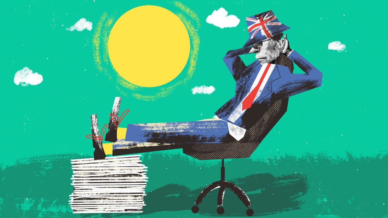 Illustration of a man in a suit and a Union Jack hat lounging on a desk chair with his feet up on a stack of papers with the sun shining behind him