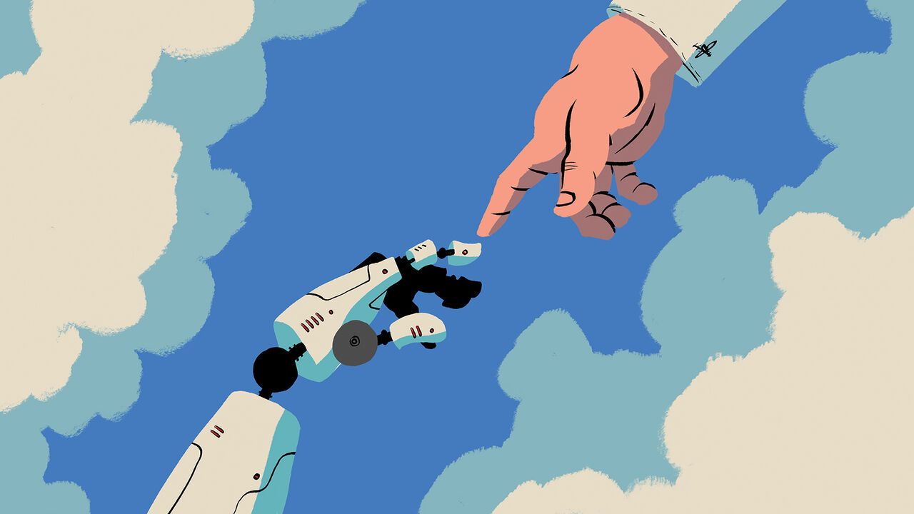 Illustration of a human hand reaching toward a robot hand floating in mid-air.