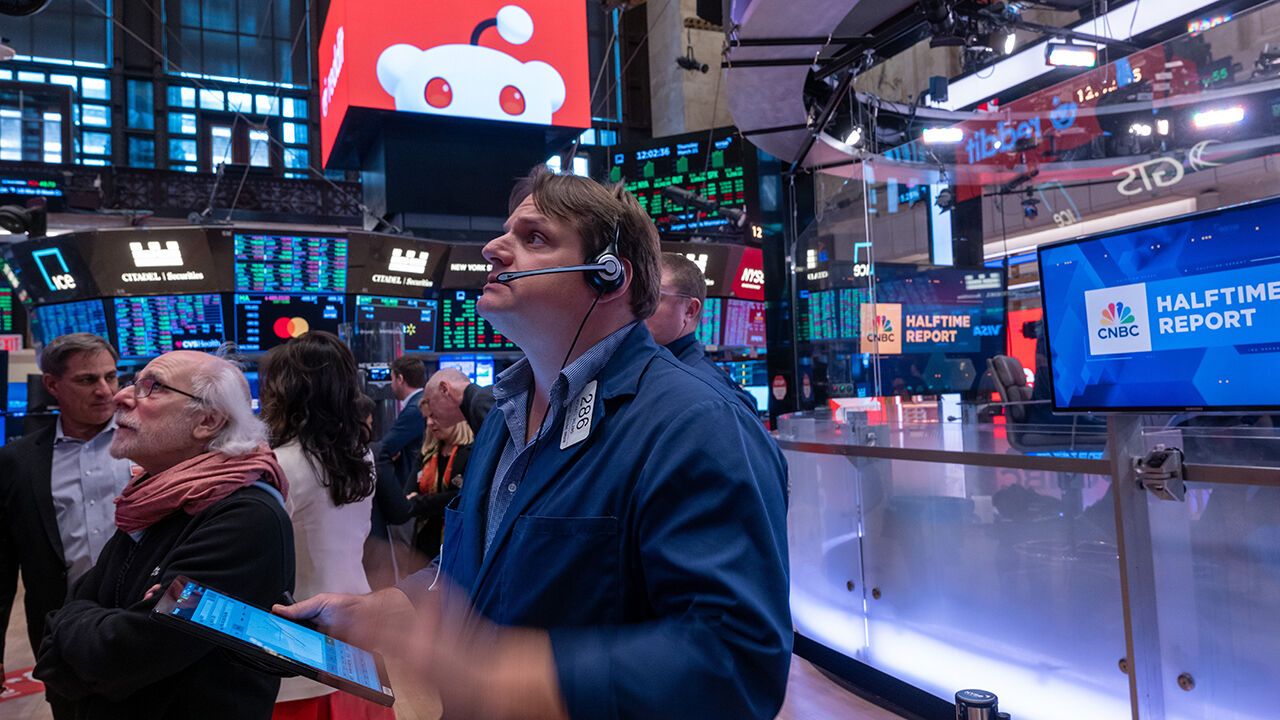 The trading floor of the New York Stock Exchange (NYSE) prepares for the social media platform Reddit's initial public offering (IPO) on March 21, 2024 in New York City