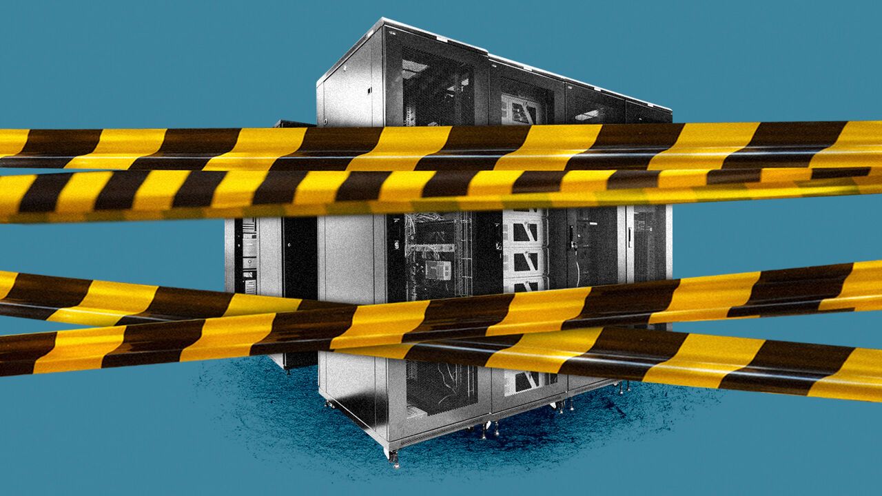 Collage of black-and-white data centre server racks partially obscured by multiple strips of yellow-and-black caution tape,