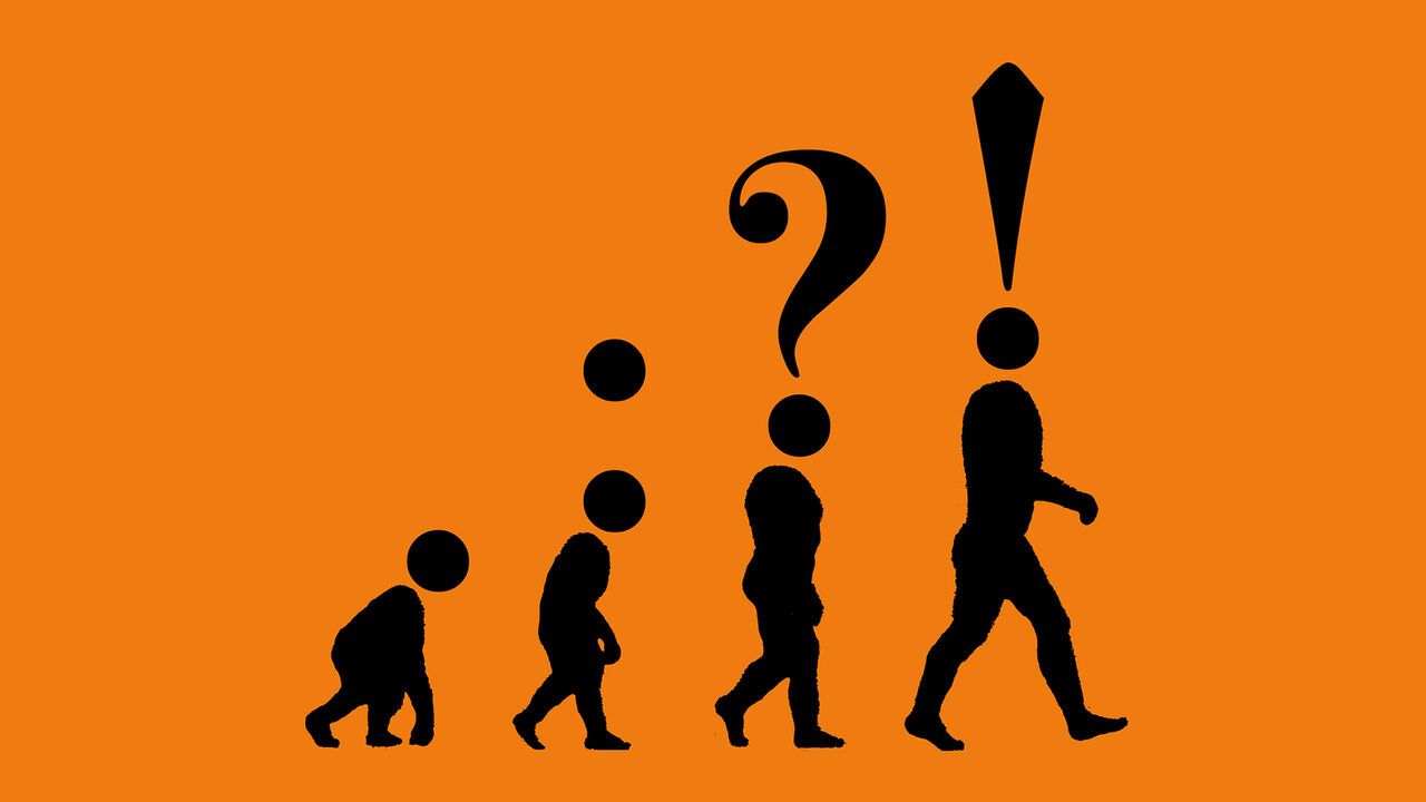 An illustration of the stages of human evolution from crawling to walking, their heads representing a full stop, then a colon, followed by a question mark and finally an exclamation mark.