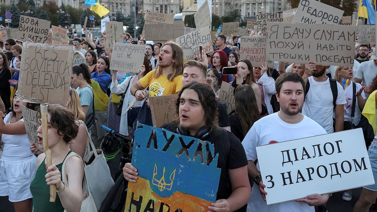 People protest against Ukrainian President Zelenskiy's decision to replace Fedorov as defence minister