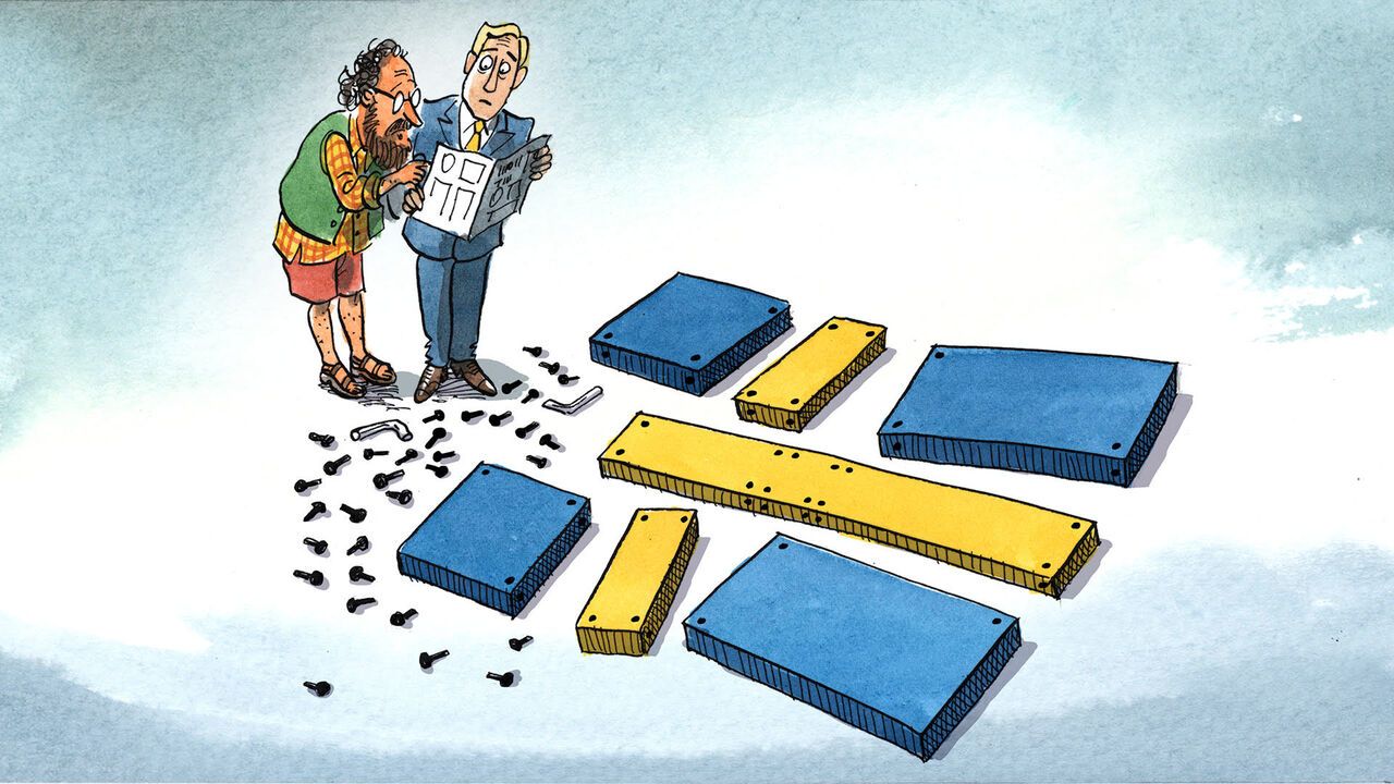 Illustration of two people tryingto solve a flatplan piece of furniture.