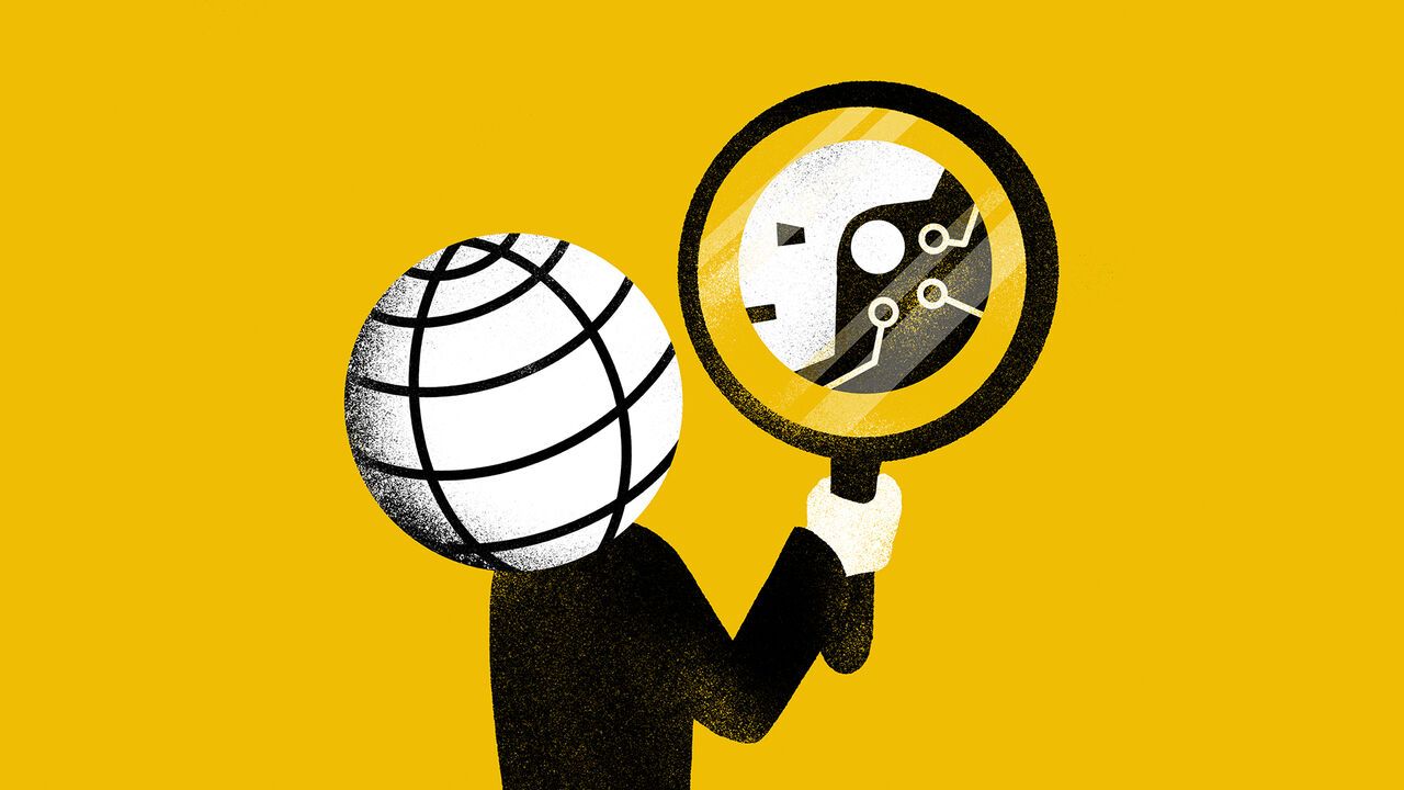 A figure with a globe for a head holds a mirror showing the reflection of a robot's head