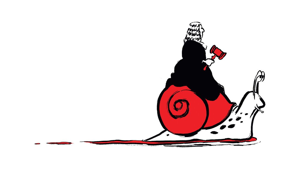 The illustration shows a judge riding a snail, holding a gavel, suggesting justice moving very slowly. The snail represents the sluggish pace of the legal or judicial system.