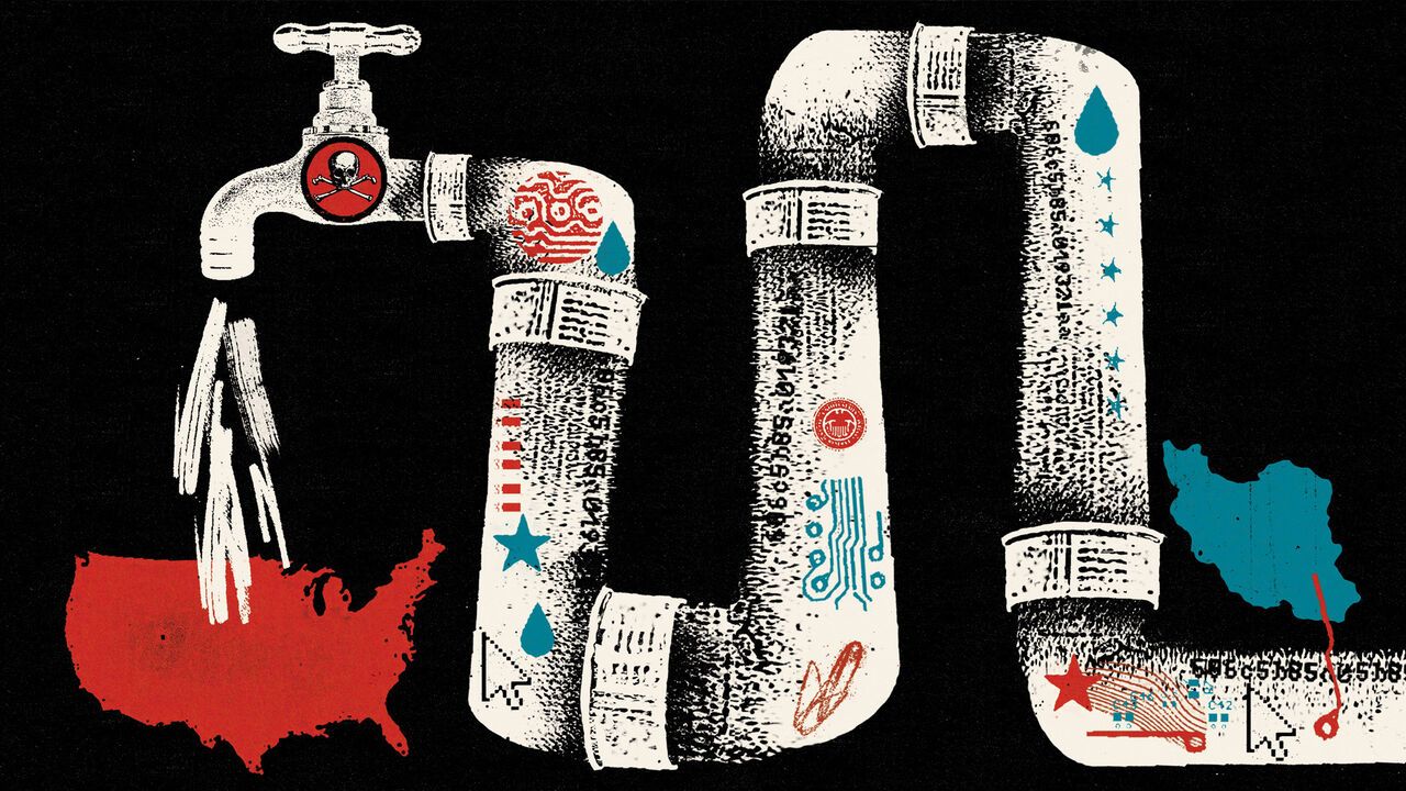 Illustration of water pipes with technological, hazardous and water elements on them. the shape of the United States is on the left side and the shape of Iran on the right one.