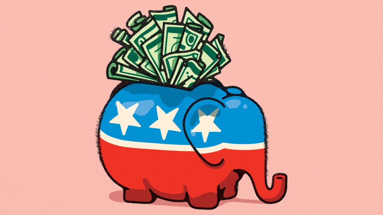 An fat elephant-shaped piggy bank painted in stars and stripes, stuffed full of dollar notes,.