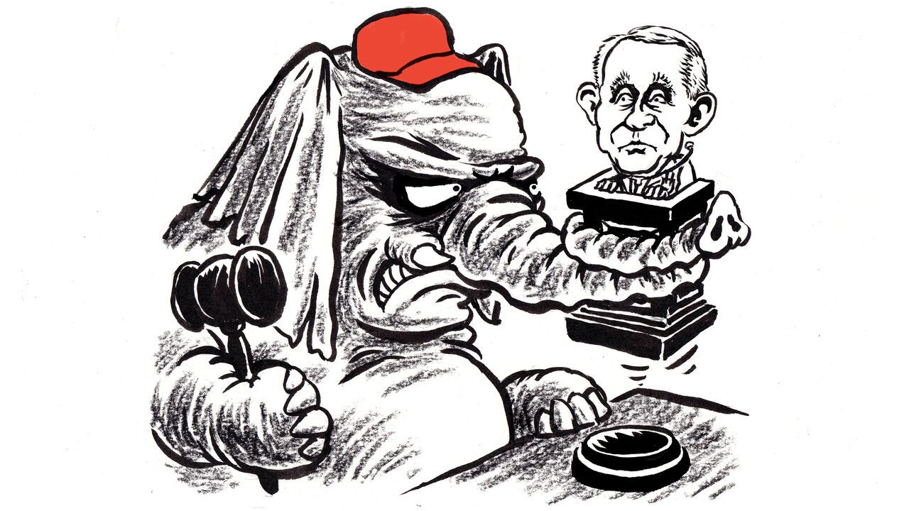 Illustration of an elephant wearing a red baseball cap and holding a judge's gavel squeezing Anthony Fauci with its trunk while he's stood at a lectern