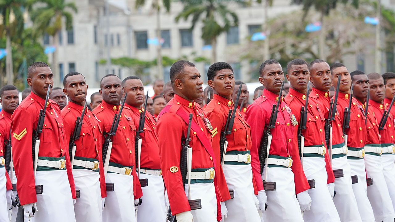 Soldiers participate in the military parade at the Albert Park in Suva, capital of Fiji, Oct. 10, 2025.