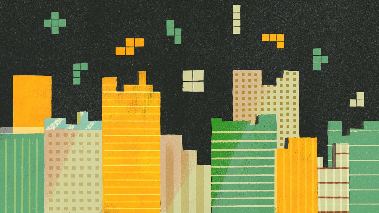 Illustration of skyscrapers being built by falling tetris bricks