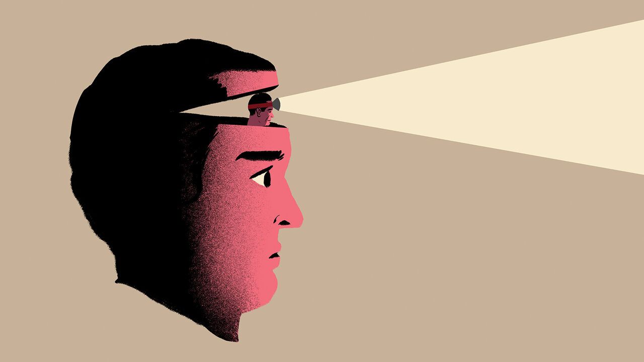 illustration of profile of a face with the top of the head opening like a flap, from which a smaller figure peers out, shining a headlamp.
