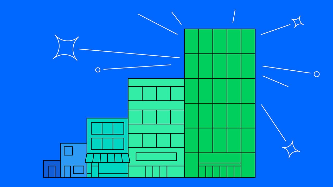 Illustration of a row of buildings that get larger, the last being a skyscraper that has shine lines coming off it