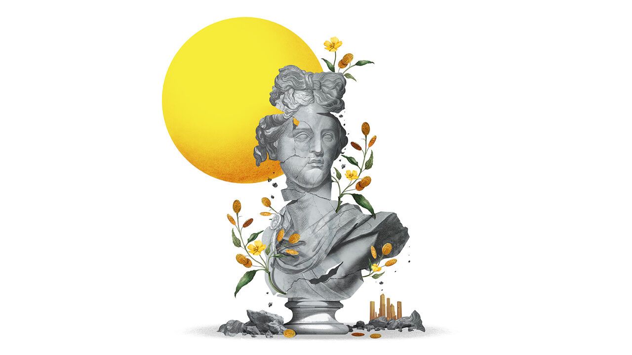 illustration of classical marble bust surrounded by flowers, gold coins, rubble, and industrial structures, with a large yellow sun behind it.