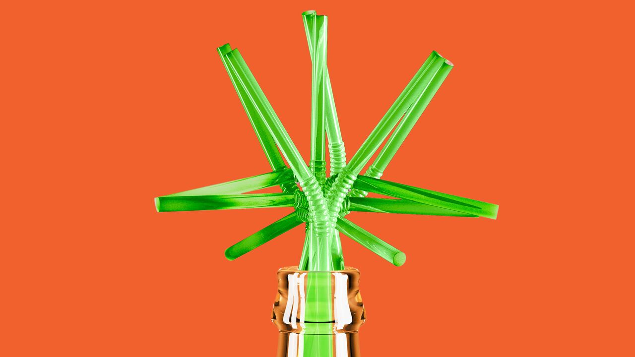 Illustration of green straws in the top of a glass bottle forming a shape that alludes to a cannabis leaf.
