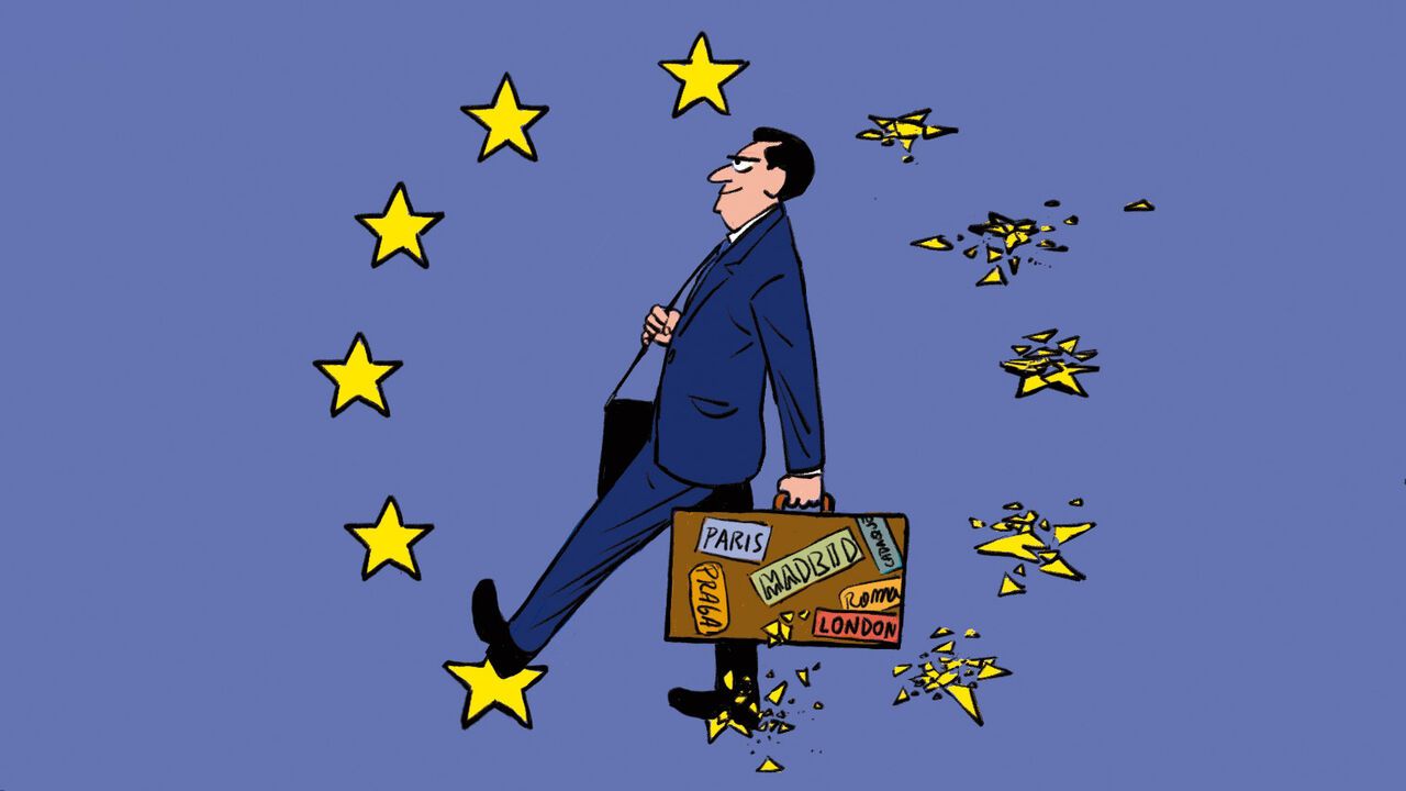 Illustration of a man in a suit walking with a suitcase looking determined. He is stomping over the stars of the European Union flag.