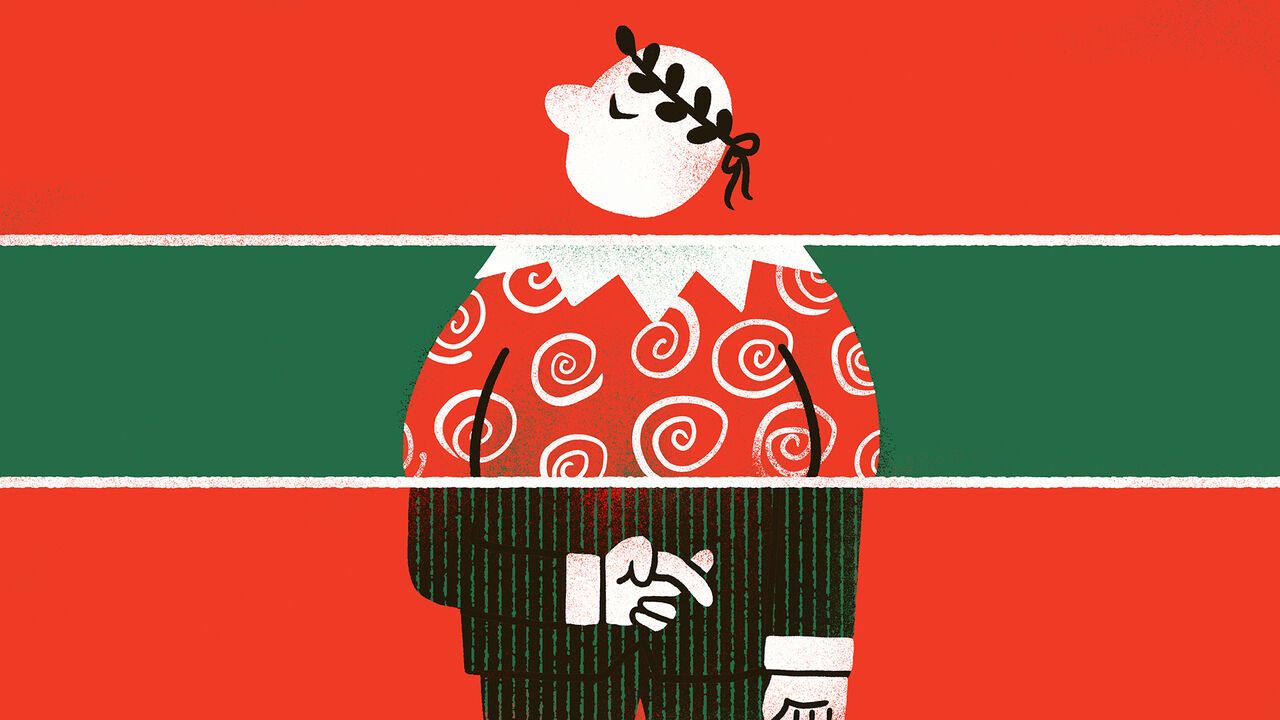 A stylized illustration of a Santa-like baker with a head wearing a holly wreath, s santa suit with pattern and the bottom showing someone crossing their figures in a suit
