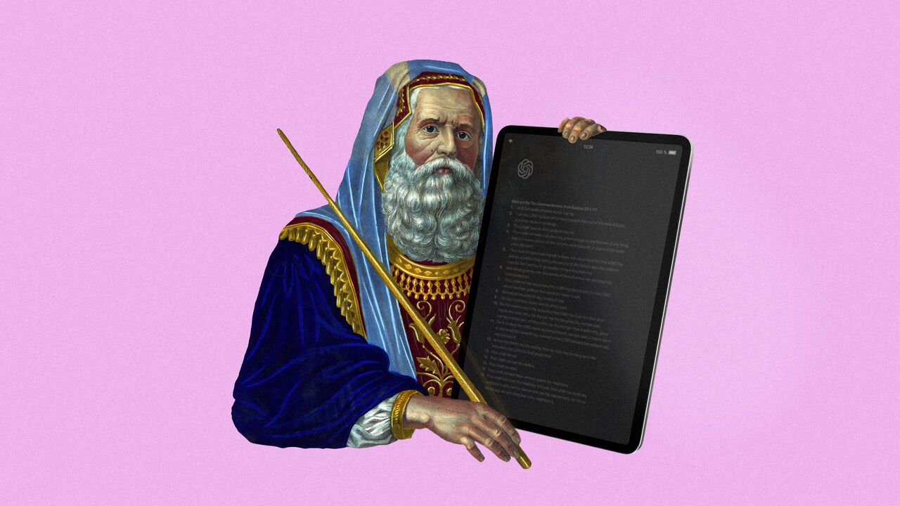 Ilustration of Moses holding a large iPad displaying the OpenAI logo in the top corner with a list of text below.