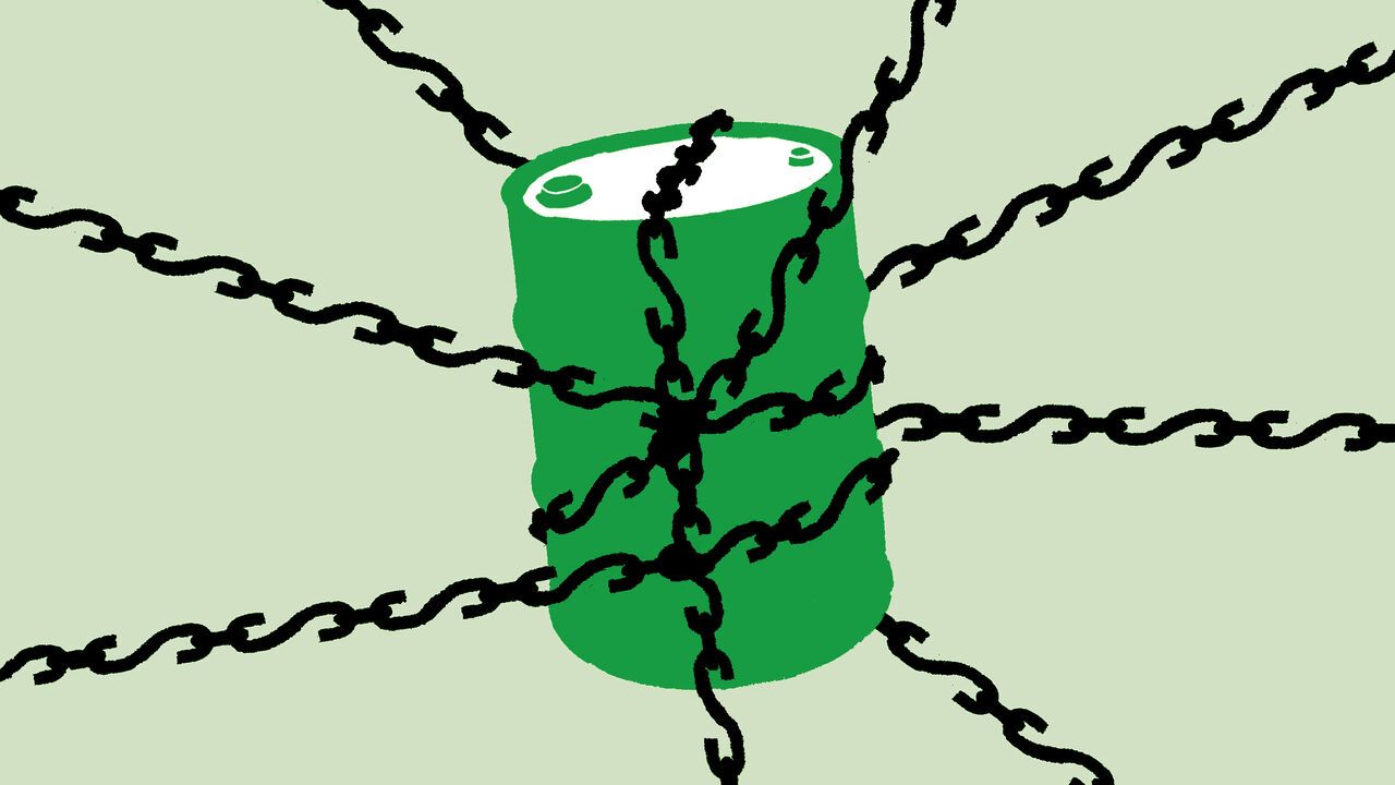 Illustration of a oil barrel with chain around with $ sings