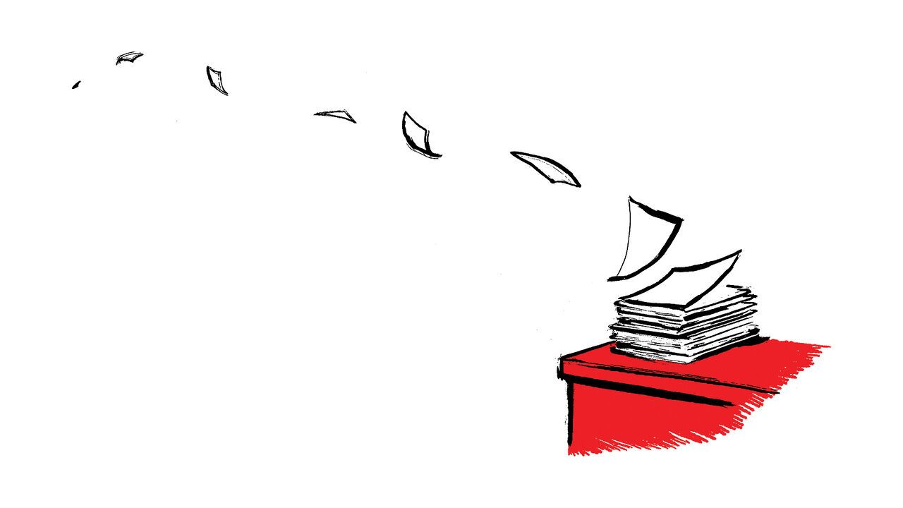 The illustration shows a stack of papers on a desk, with pages blowing away. It suggests information, paperwork or research being disrupted, lost or swept aside.