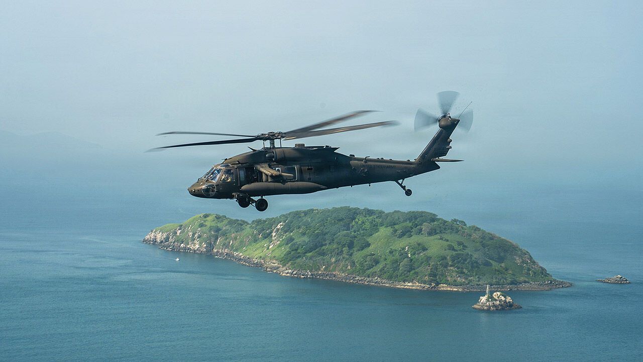 A U.S. Army UH-60 Black Hawk helicopter performs a tactical flyover during the PANAMAX 2026