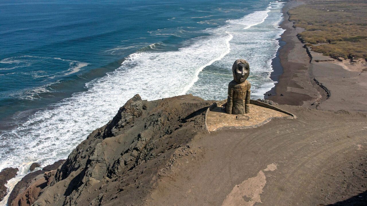 Aerial view of a statue of the Chinchorro culture, in Camarones, Arica, Chile