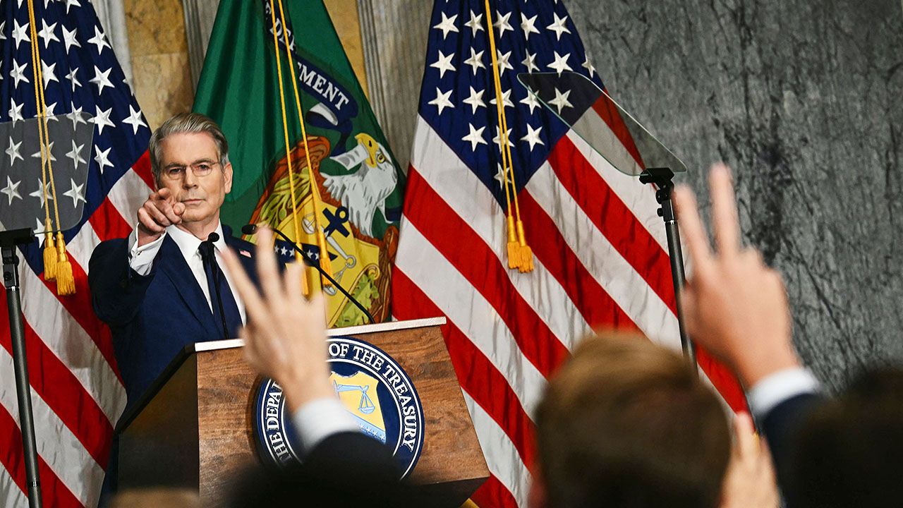 US Secretary of the Treasury Scott Bessent takes questions during a press conferece about Iran