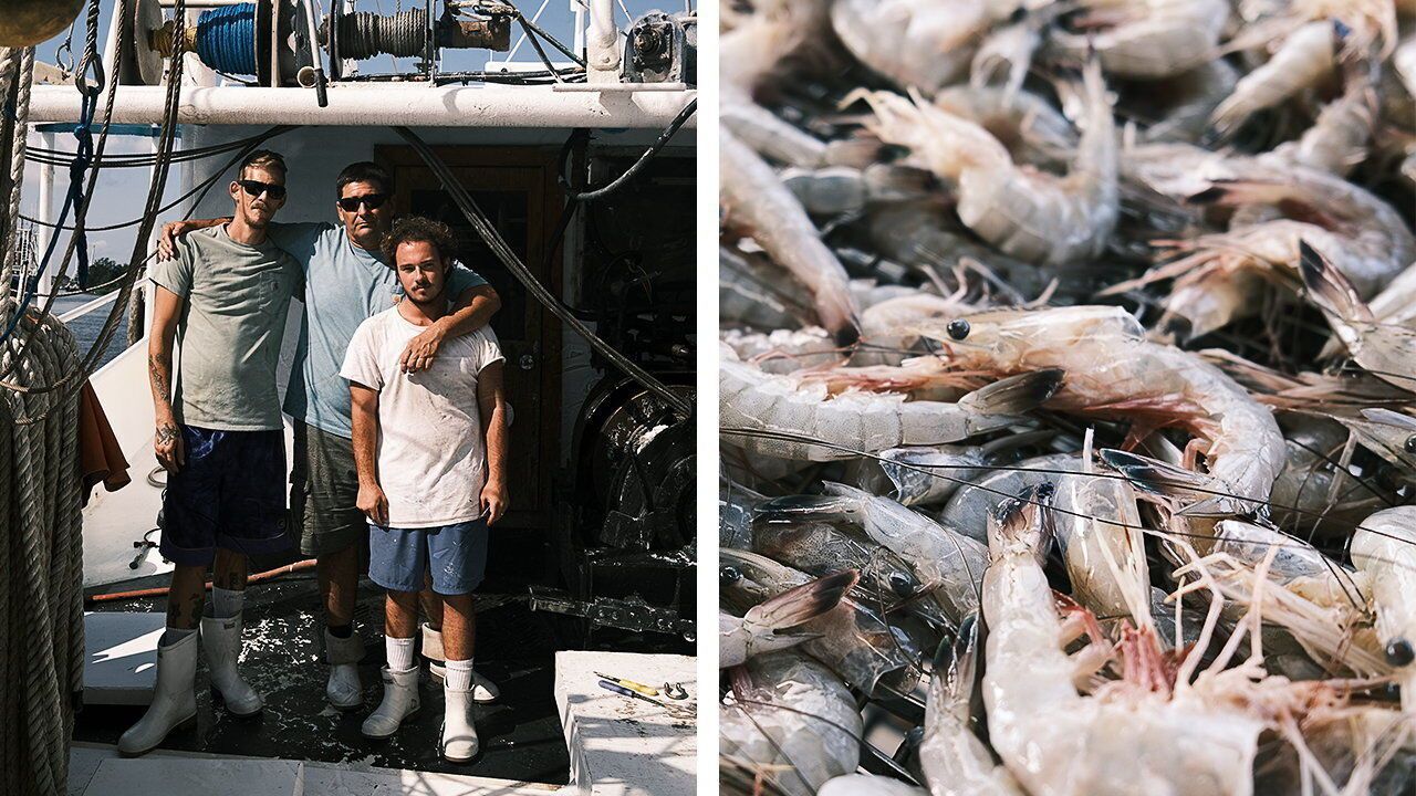 A diptych showing Waylon Buras with his crew and a pile of shrimps they caught.