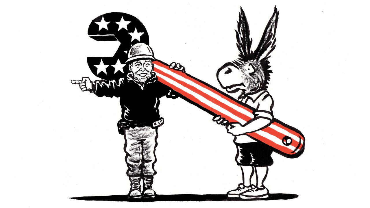 Illustration of a man with a hard hat and the Democrat donkey holding a big wrench.